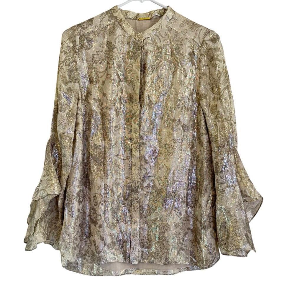 Elie Tahari Womens Metallic Silk Floral Blouse Bell Sleeve Sheer Evening Top SP